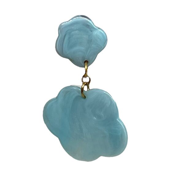 Vtg Aqua Blue Flower Drop Earring Post Back Gold Tone Marbled Acrylic Statement - Picture 7 of 8